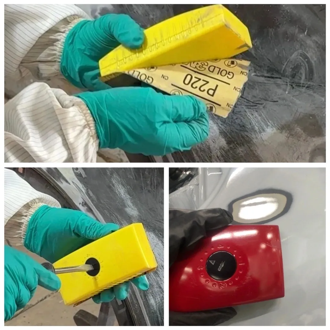 Gloved hands holding yellow plastic pizza box keys near a red vehicle side mirror.
