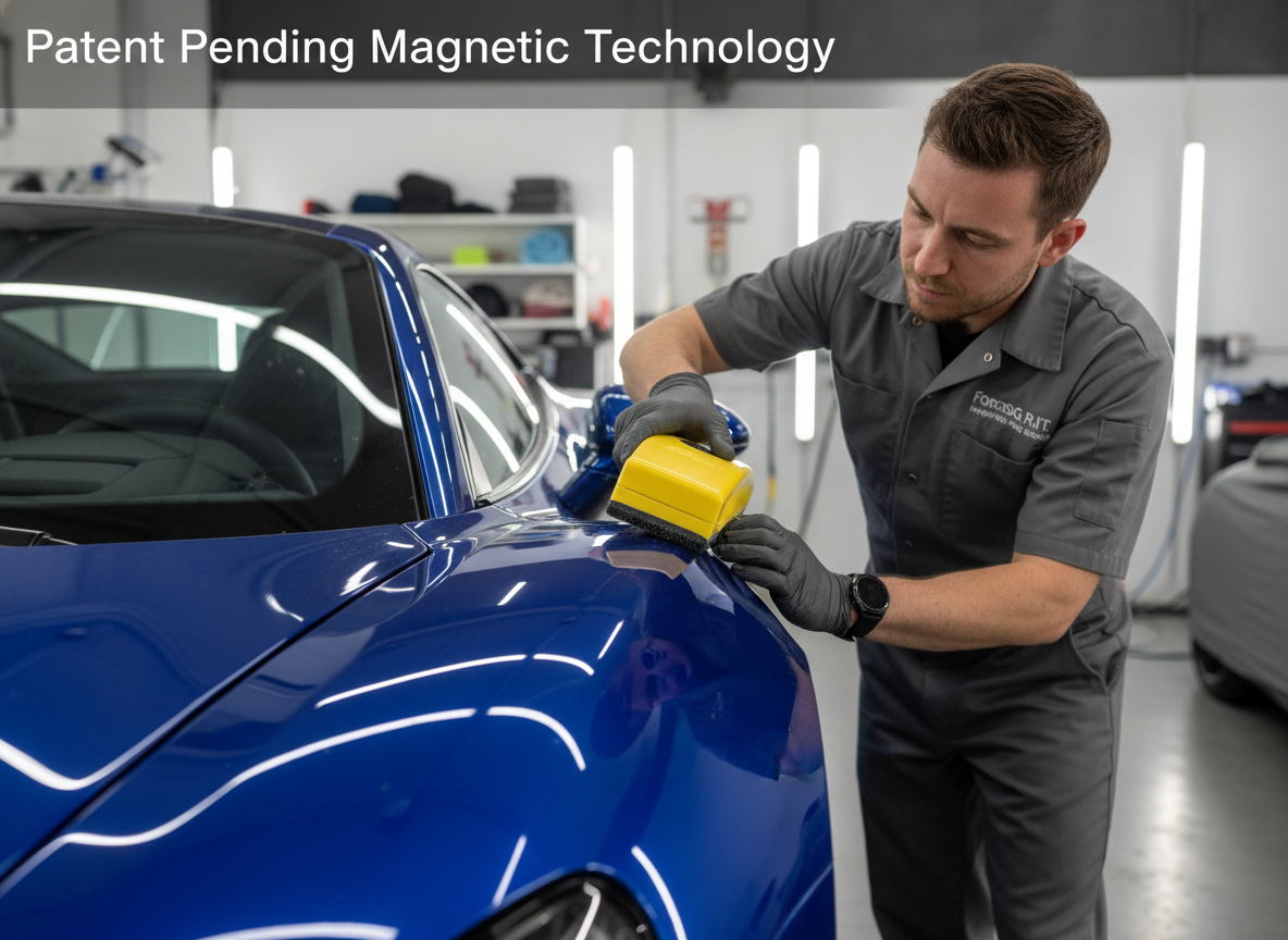 Technician applying advanced magnetic technology to a blue car's surface.