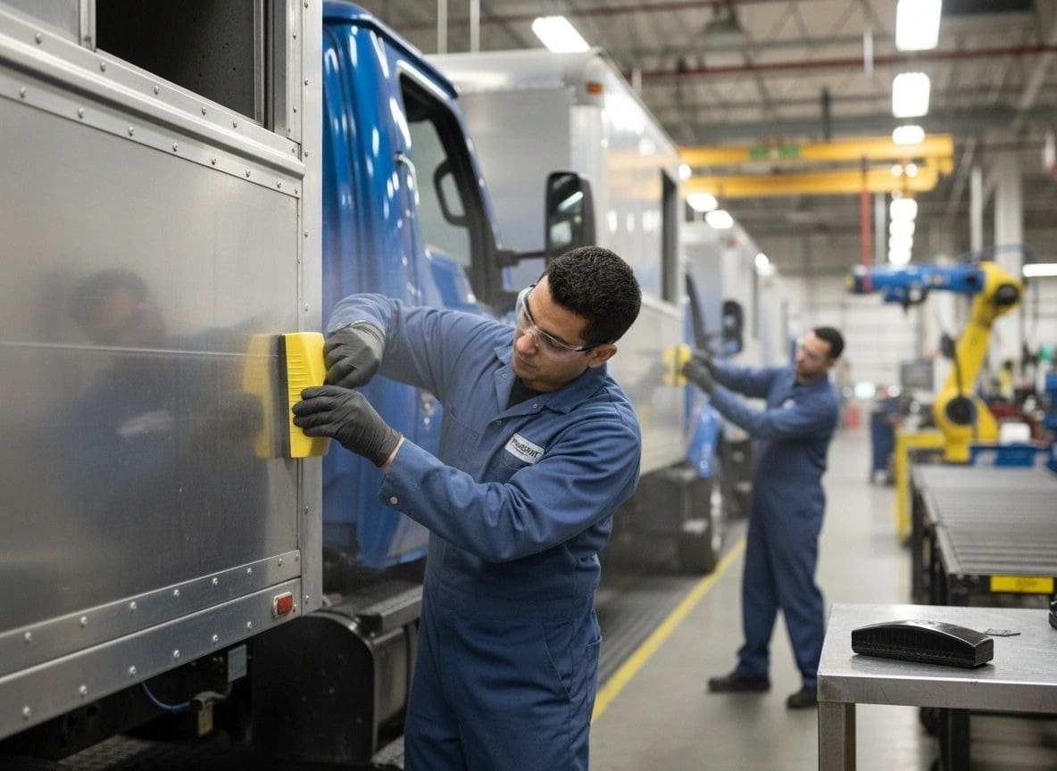 Workers polishing truck exteriors in a factory line.