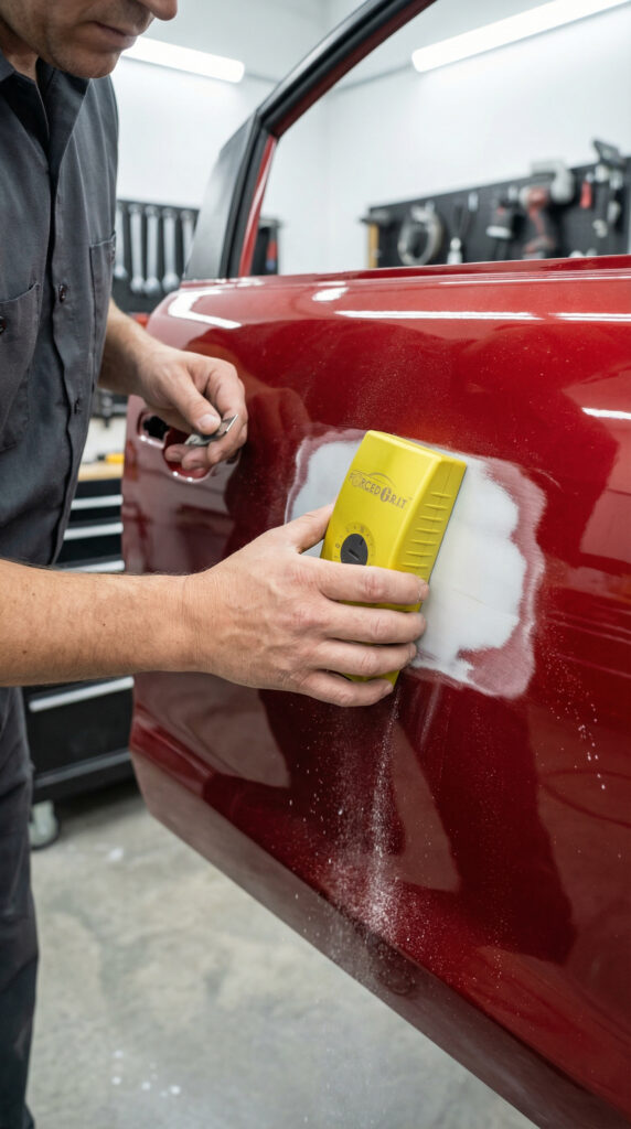 Person sanding a red vehicle's body for repair.