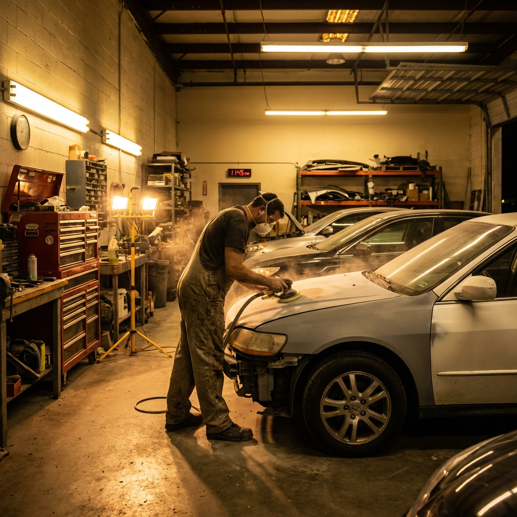 A mechanic working on a car's engine in a dimly lit garage.