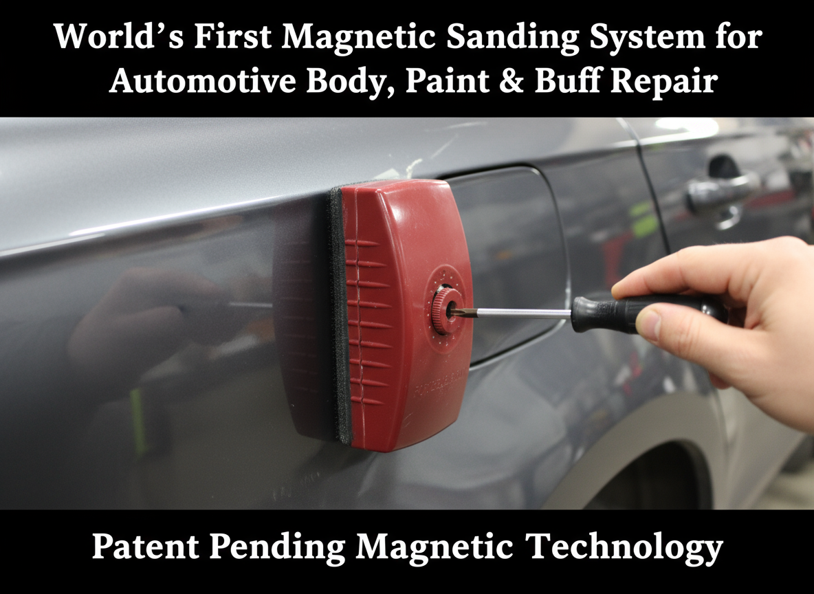 Magnetic sanding system being used on a car door for automotive repair.