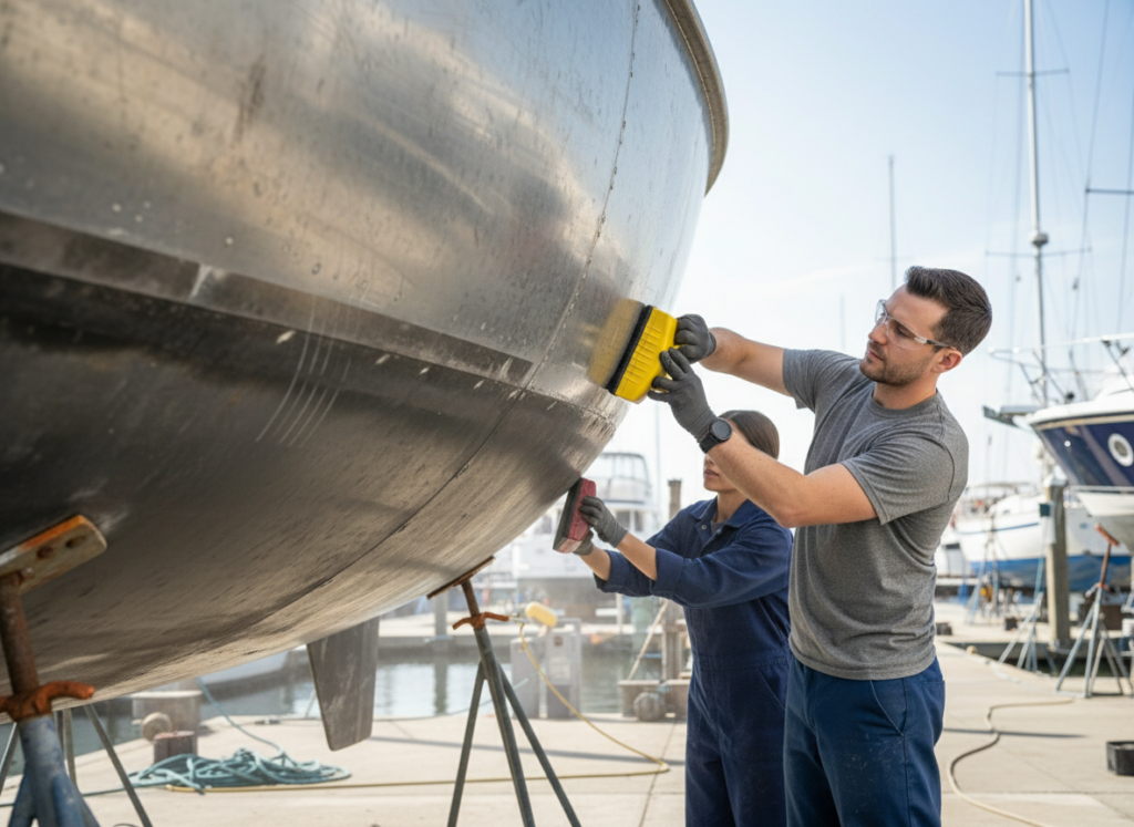 Two men polishing the hull of a large boat outdoors under clear skies.