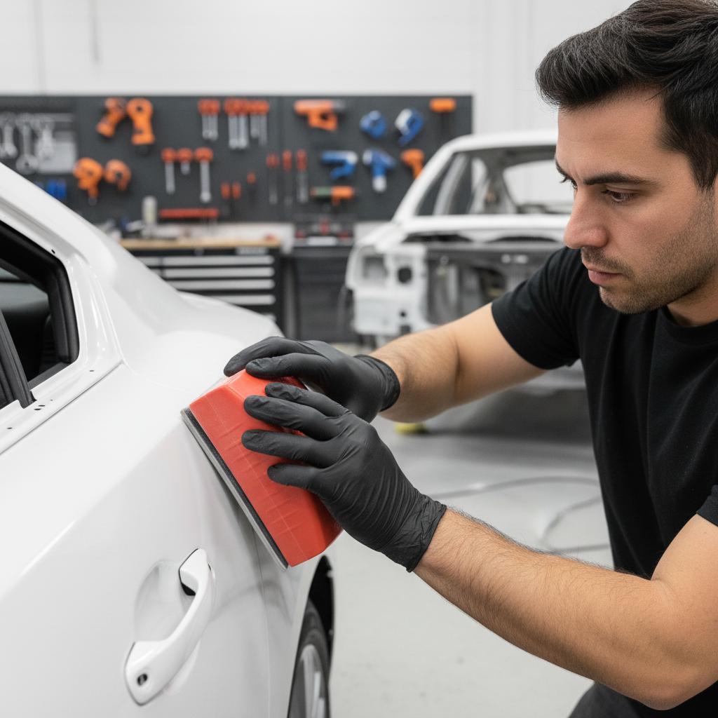 Technician sanding a car door in an auto repair shop.