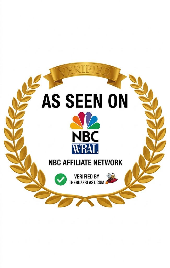 Gold emblem stating 'As Seen On NBC WRAL' with laurel wreath.